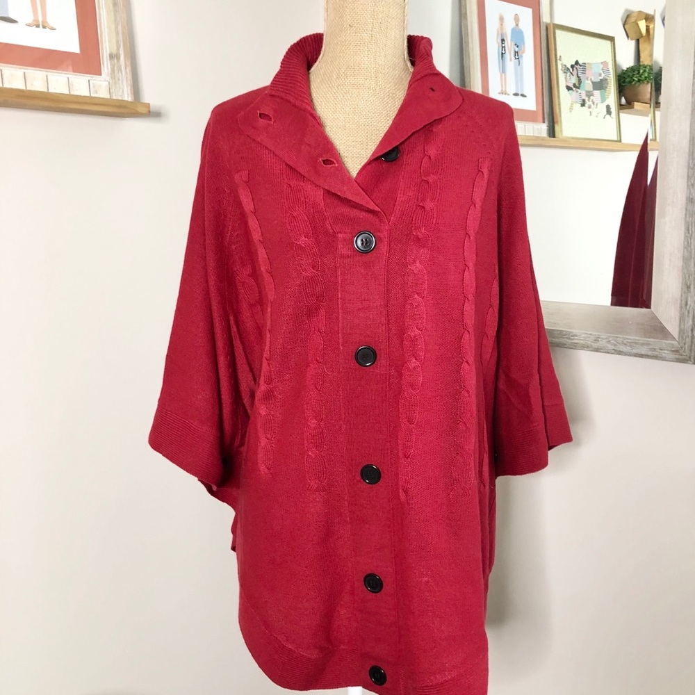 New Red Poncho Cape Cable Knit Sweater OSFM